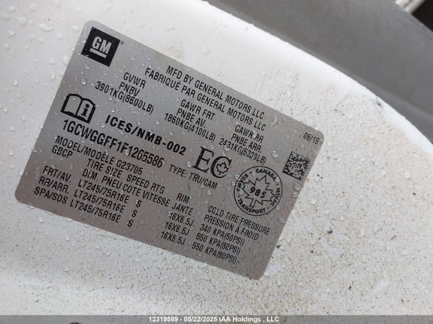 2015 Chevrolet Express 2500 1Wt VIN: 1GCWGGFF1F1265586 Lot: 12319589