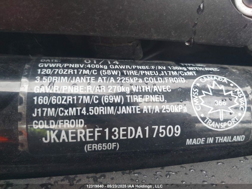 2014 Kawasaki Er650 Ff VIN: JKAEREF13EDA17509 Lot: 12319840