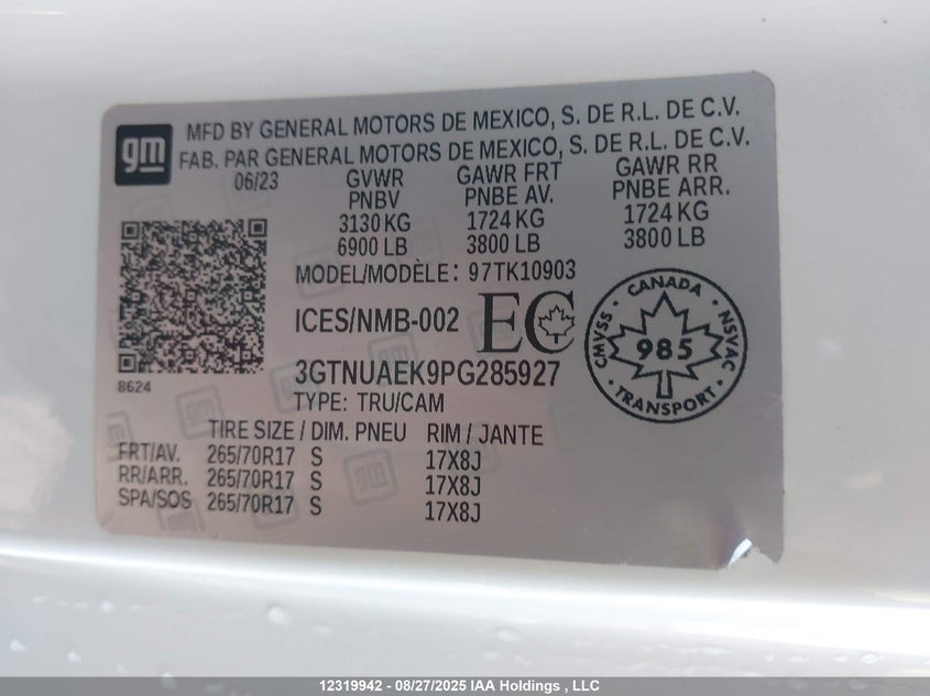 2023 GMC Sierra K1500 VIN: 3GTNUAEK9PG285927 Lot: 12319942