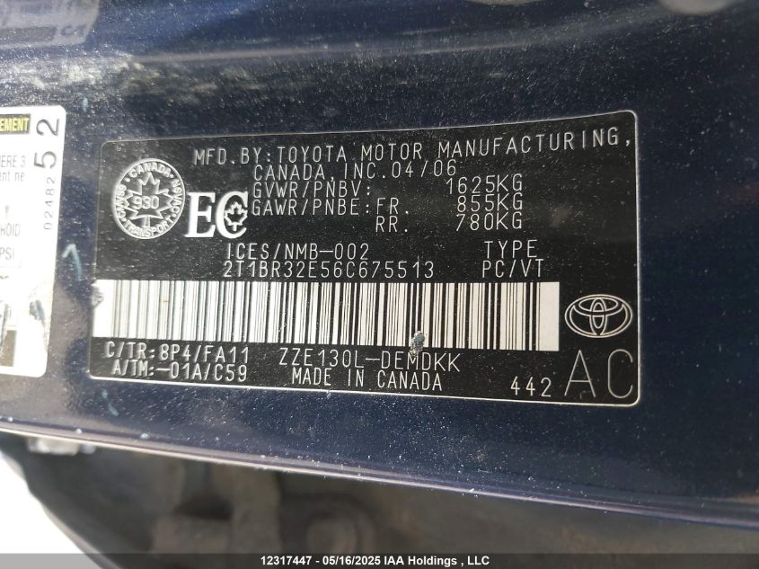 2006 Toyota Corolla Ce/Le/Sport VIN: 2T1BR32E56C675513 Lot: 12317447X