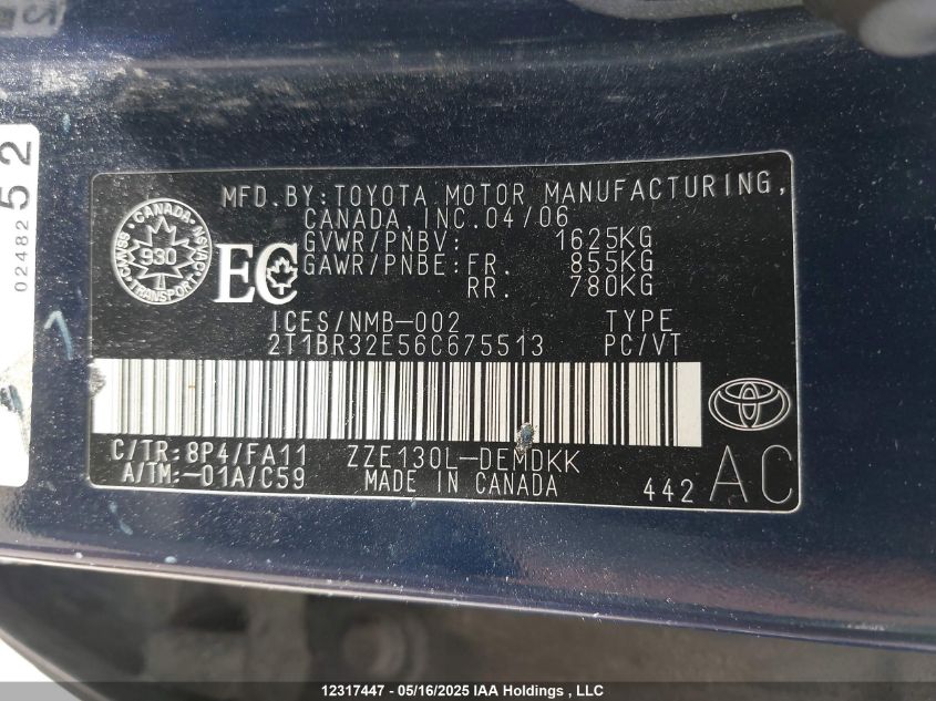 2006 Toyota Corolla Ce/Le/Sport VIN: 2T1BR32E56C675513 Lot: 12317447X