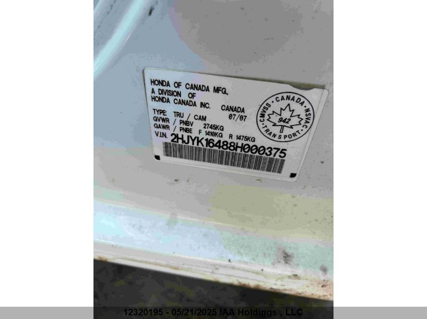 2008 Honda Ridgeline Lx VIN: 2HJYK16488H000375 Lot: 12320195