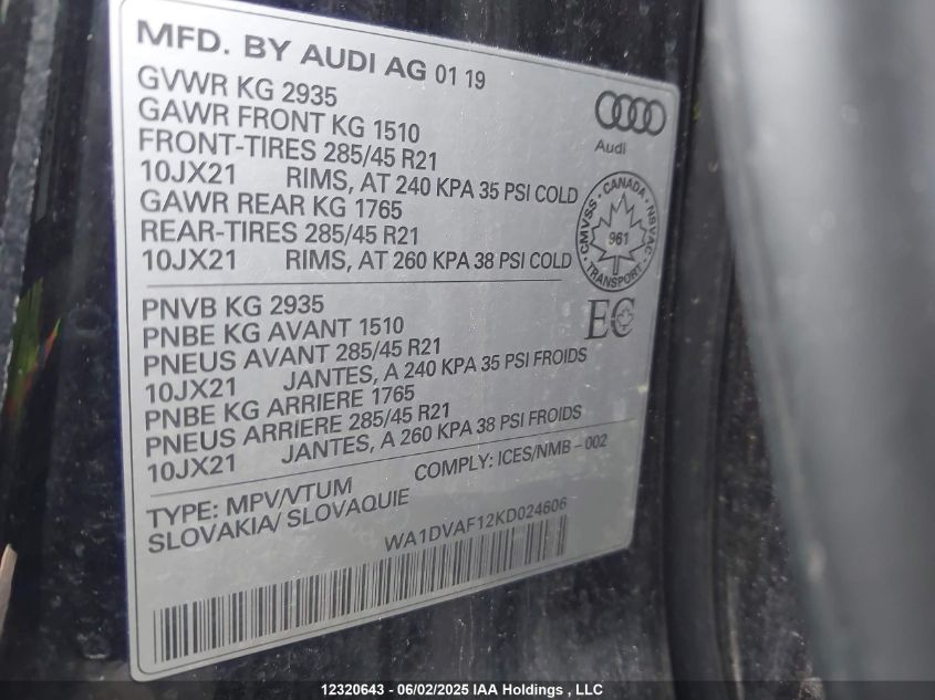 2019 Audi Q8 Progressiv S-Line VIN: WA1DVAF12KD024606 Lot: 12320643