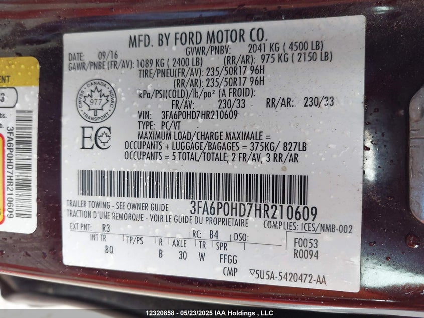 3FA6P0HD7HR210609 2017 FORD FUSION photo no. 9