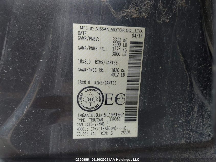 2018 Nissan Titan VIN: 1N6AA1EJ0JN529992 Lot: 12320985