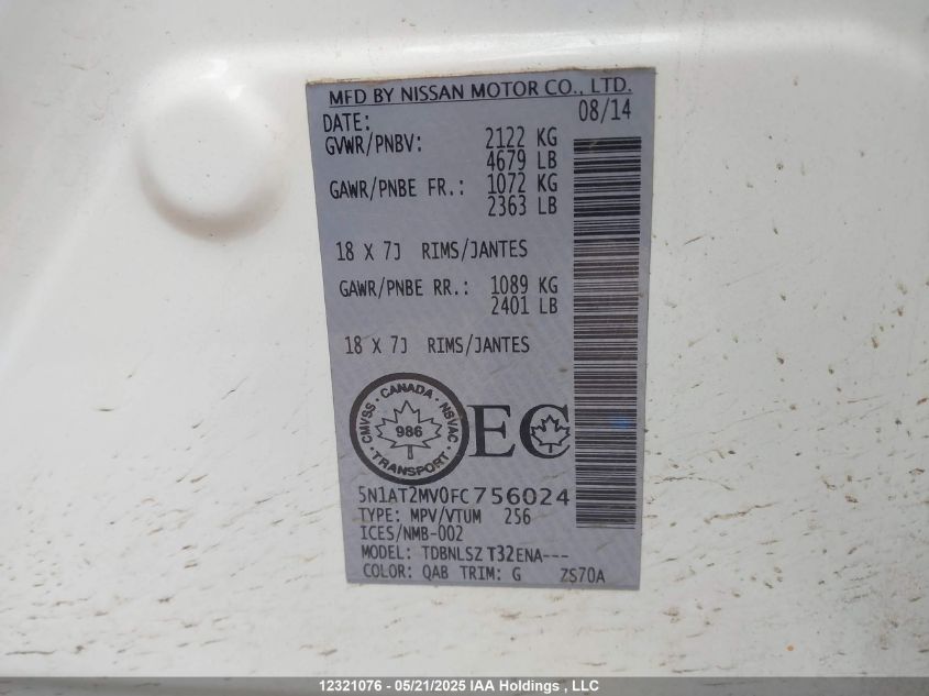 2015 Nissan Rogue S/Sl/Sv VIN: 5N1AT2MV0FC756024 Lot: 12321076