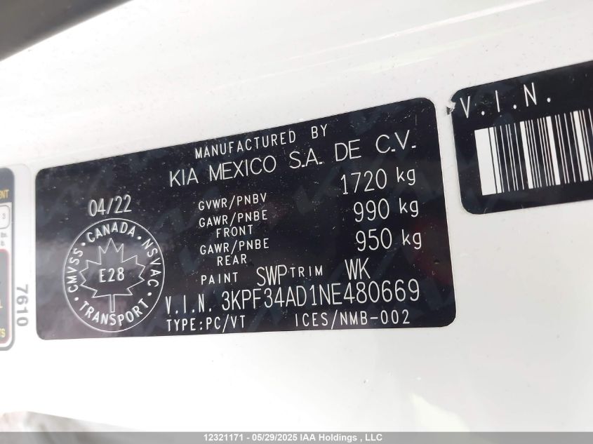 2022 Kia Forte VIN: 3KPF34AD1NE480669 Lot: 12321171