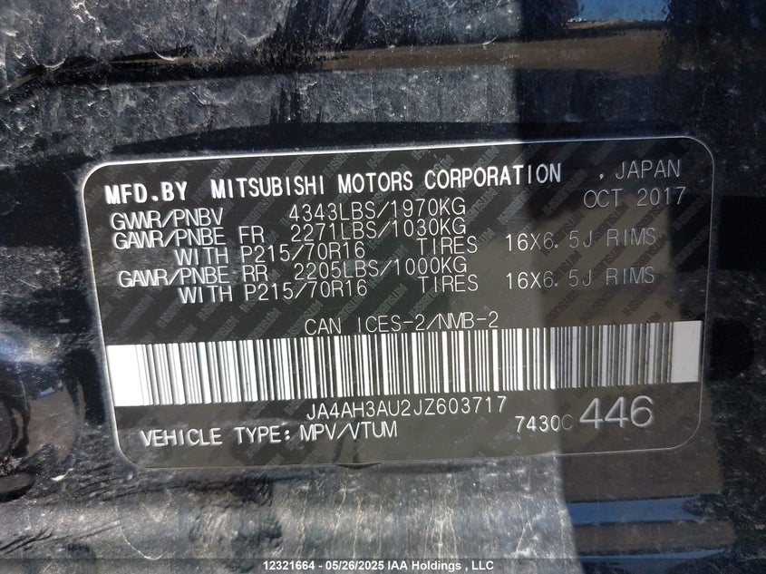 2018 Mitsubishi Rvr VIN: JA4AH3AU2JZ603717 Lot: 12321664