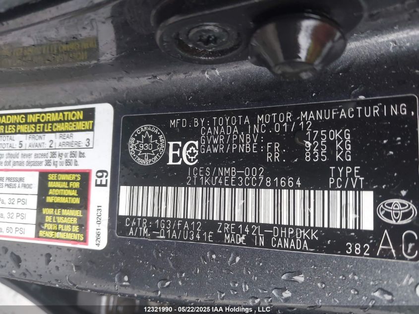 2012 Toyota Matrix VIN: 2T1KU4EE3CC781664 Lot: 12321990