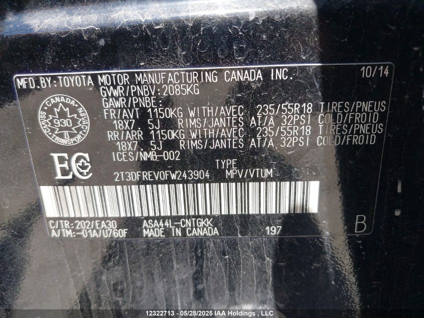 2015 Toyota Rav4 Limited VIN: 2T3DFREV0FW243904 Lot: 12322713