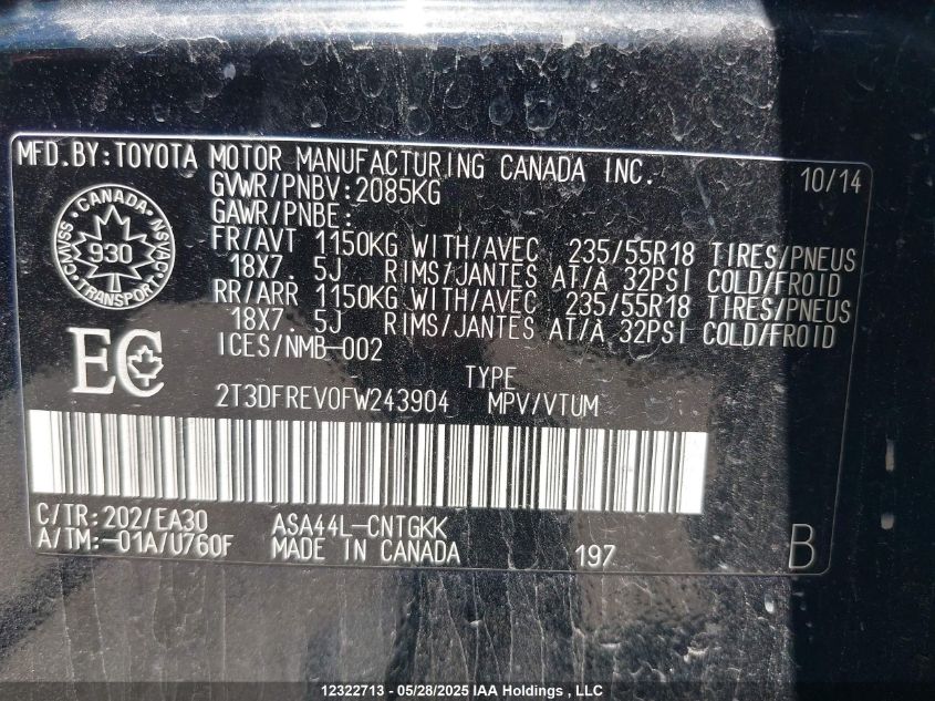 2015 Toyota Rav4 Limited VIN: 2T3DFREV0FW243904 Lot: 12322713