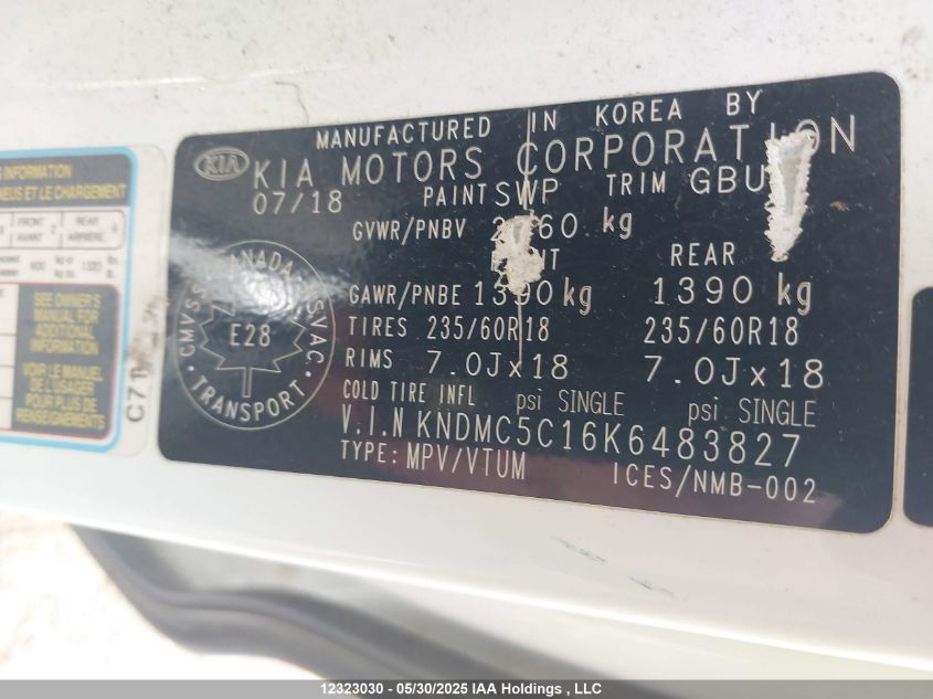 2019 Kia Sedona Ex/Sx VIN: KNDMC5C16K6483827 Lot: 12323030