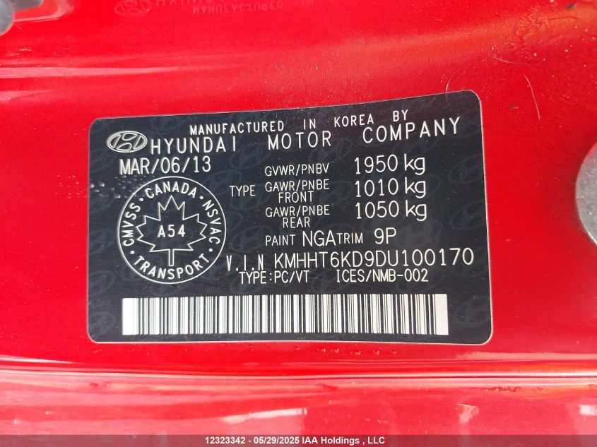 2013 Hyundai Genesis Coupe 2.0T VIN: KMHHT6KD9DU100170 Lot: 12323342