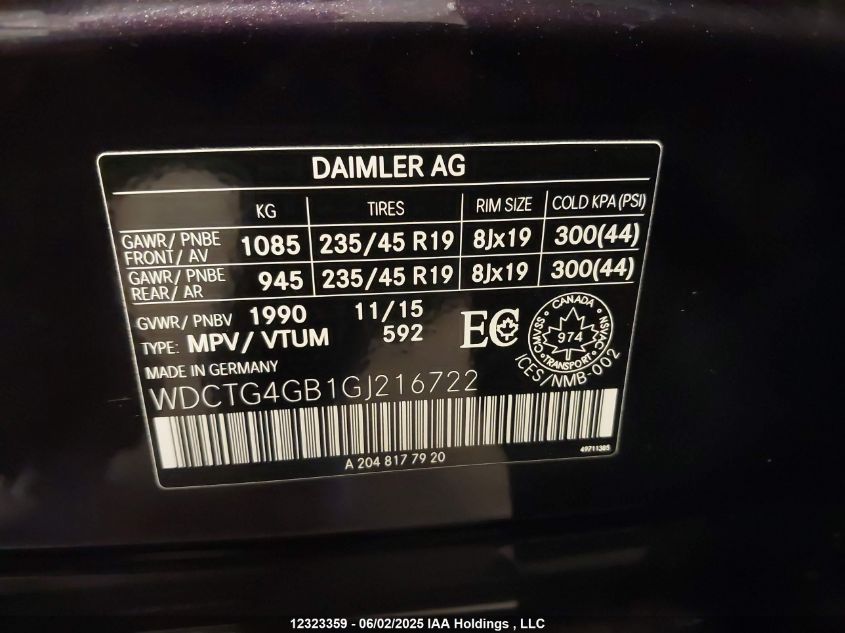 2016 Mercedes-Benz Gla 250 4Matic VIN: WDCTG4GB1GJ216722 Lot: 12323359