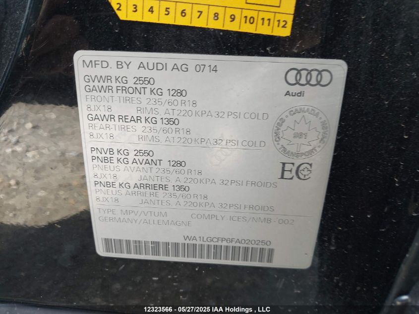 2015 Audi Q5 3.0T Technik VIN: WA1LGCFP6FA020250 Lot: 12323566