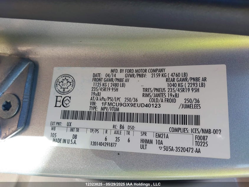 2014 Ford Escape VIN: 1FMCU9GX9EUD40123 Lot: 12323825