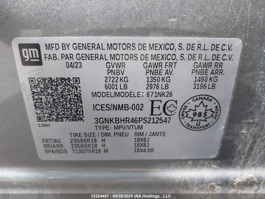 2023 Chevrolet Blazer VIN: 3GNKBHR46PS212547 Lot: 12324457