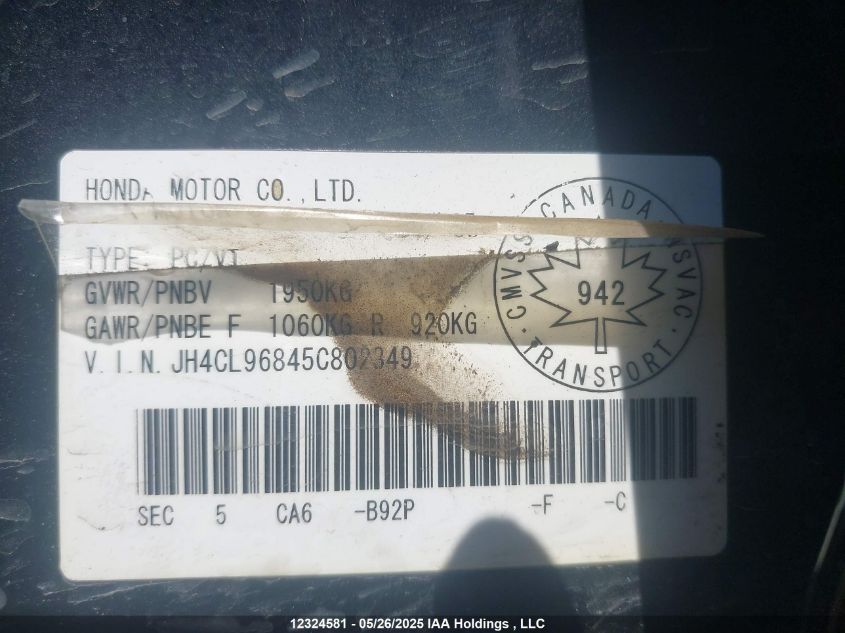 2005 Acura Tsx VIN: JH4CL96845C802349 Lot: 12324581