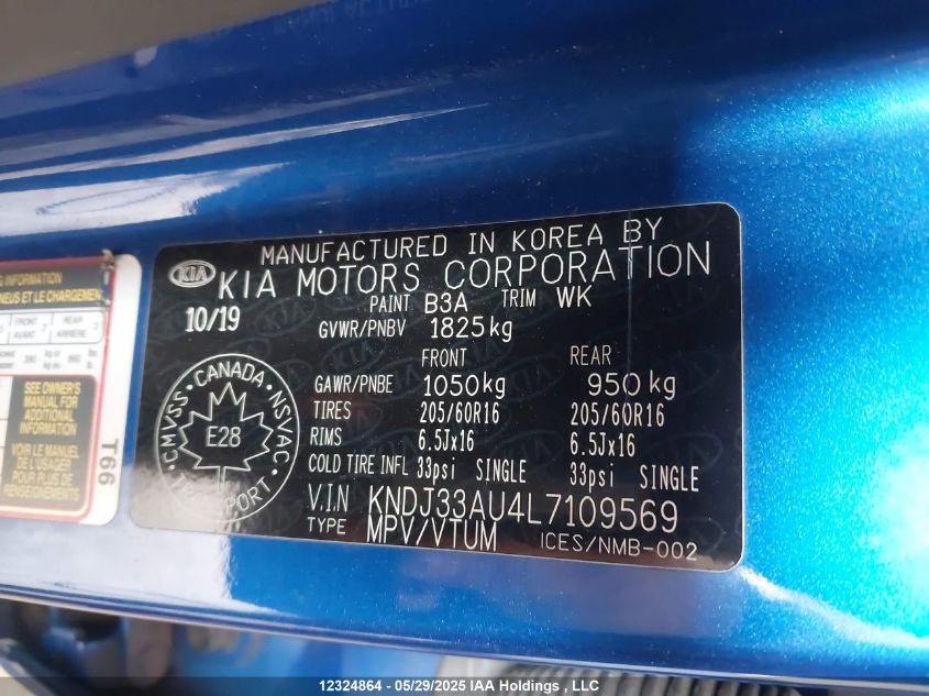 2020 Kia Soul VIN: KNDJ33AU4L7109569 Lot: 12324864