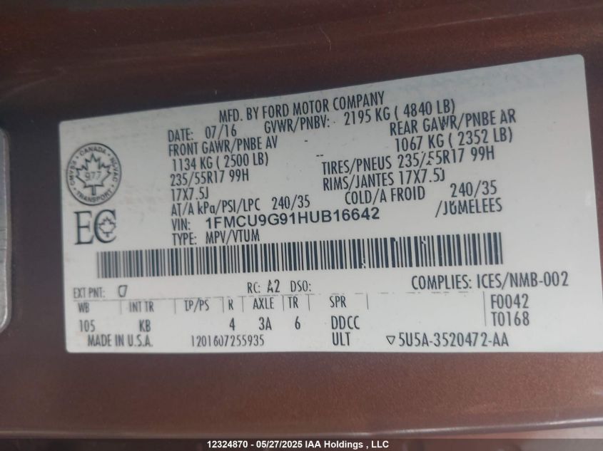 2017 Ford Escape Se VIN: 1FMCU9G91HUB16642 Lot: 12324870