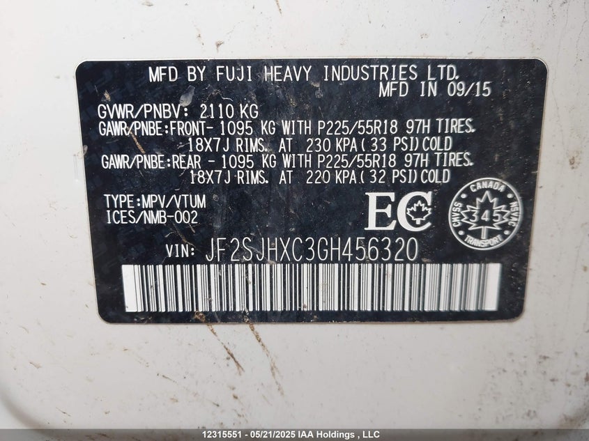 2016 Subaru Forester 2.0Xt Touring VIN: JF2SJHXC3GH456320 Lot: 12315551X