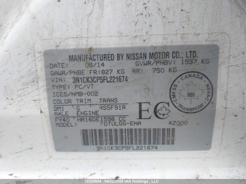 2015 Nissan Micra S/Sr/Sv VIN: 3N1CK3CP5FL221674 Lot: 12320504X