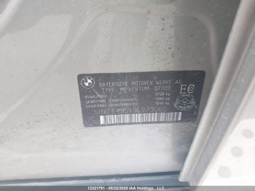 2009 BMW X5 VIN: 5UXFE43549L273060 Lot: 12321791X
