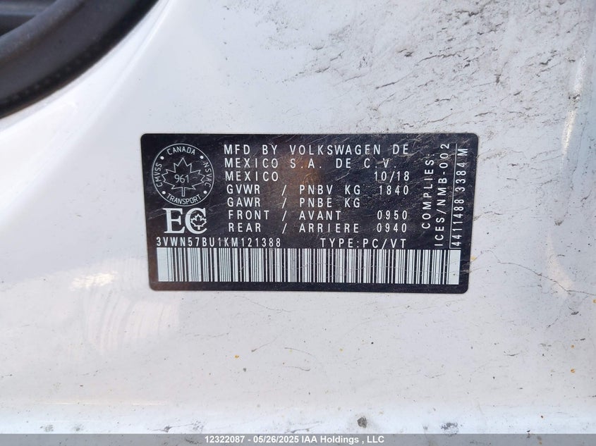 2019 Volkswagen Jetta 1.4 Tsi Comfortline VIN: 3VWN57BU1KM121388 Lot: 12322087X