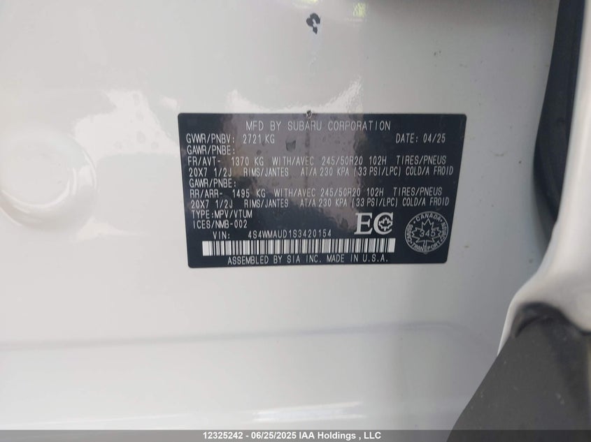 4S4WMAUD1S3420154 2025 SUBARU ASCENT photo no. 9
