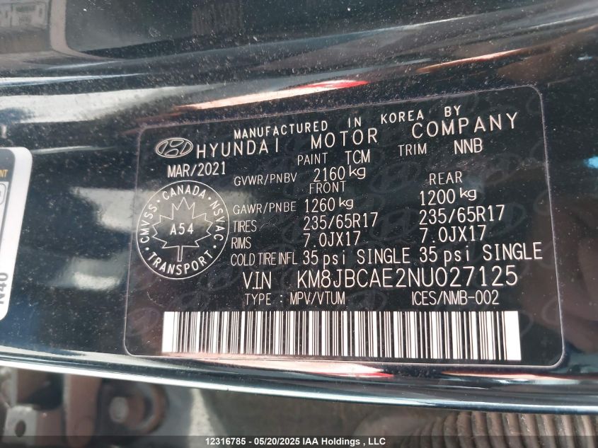 2022 Hyundai Tucson Preferred Awd VIN: KM8JBCAE2NU027125 Lot: 12316785X