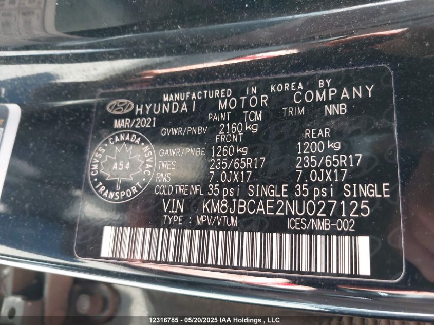 2022 Hyundai Tucson Preferred Awd VIN: KM8JBCAE2NU027125 Lot: 12316785X