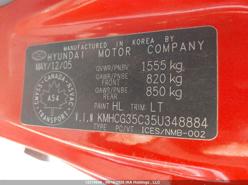 2005 Hyundai Accent Gs/Gsi VIN: KMHCG35C35U348884 Lot: 12318696X
