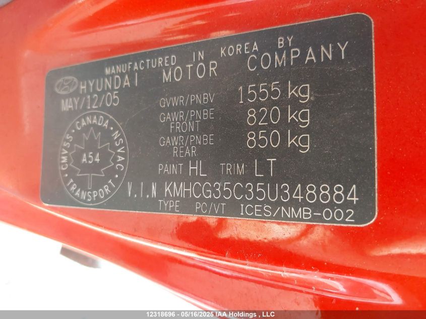 2005 Hyundai Accent Gs/Gsi VIN: KMHCG35C35U348884 Lot: 12318696X