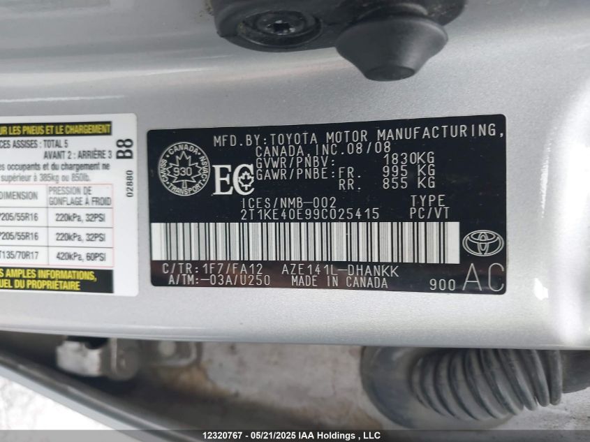 2009 Toyota Matrix Xr VIN: 2T1KE40E99C025415 Lot: 12320767X