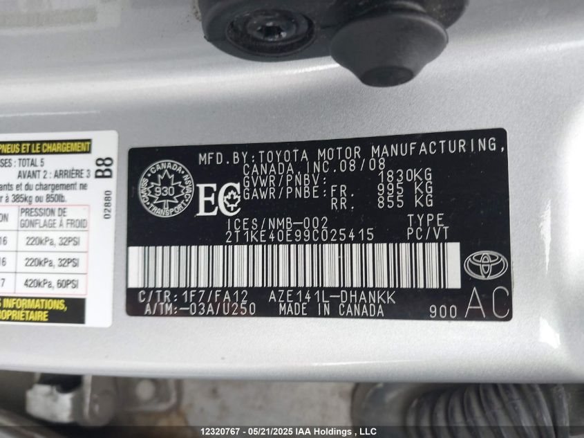 2009 Toyota Matrix Xr VIN: 2T1KE40E99C025415 Lot: 12320767X