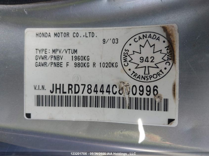 2004 Honda Cr-V Lx VIN: JHLRD78444C800996 Lot: 12320170X