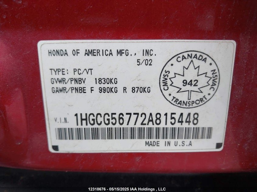 2002 Honda Accord Se VIN: 1HGCG56772A815448 Lot: 12318676X