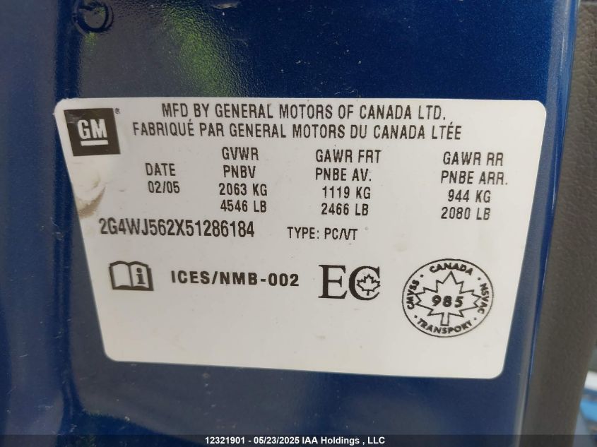 2005 Buick Allure Cxl VIN: 2G4WJ562X51286184 Lot: 12321901X