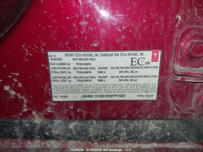 2015 Tesla Model S 70D/85D/P85D VIN: 5YJSA1H25FFP74837 Lot: 12220236X