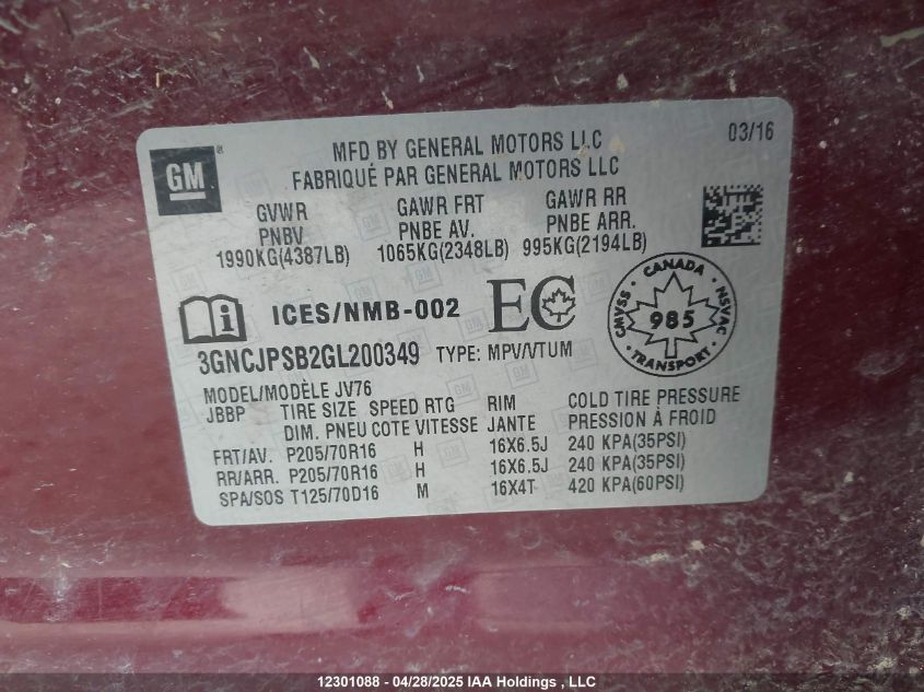 2016 Chevrolet Trax Lt VIN: 3GNCJPSB2GL200349 Lot: 12301088X