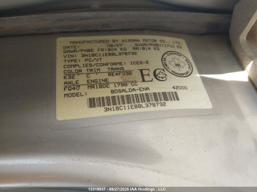 2008 Nissan Versa 1.8S VIN: 3N1BC11E88L378732 Lot: 12319537X