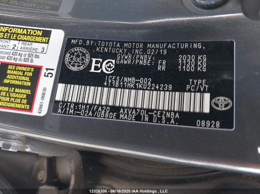 2019 Toyota Camry L/Le/Xle/Se/Xse VIN: 4T1B11HK1KU224239 Lot: 12326305