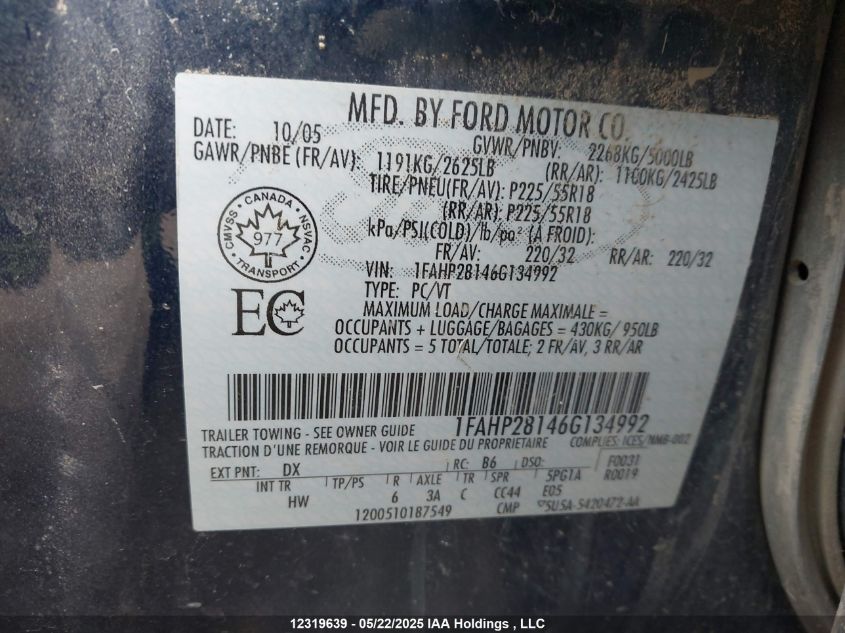 2006 Ford Five Hundred Limited VIN: 1FAHP28146G134992 Lot: 12319639X