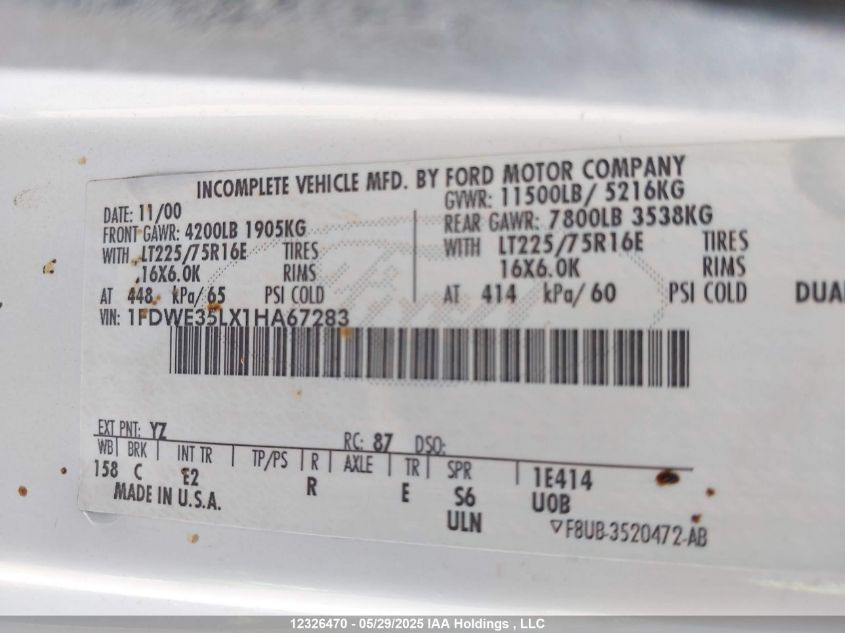 2001 Ford Econoline VIN: 1FDWE35LX1HA67283 Lot: 12326470