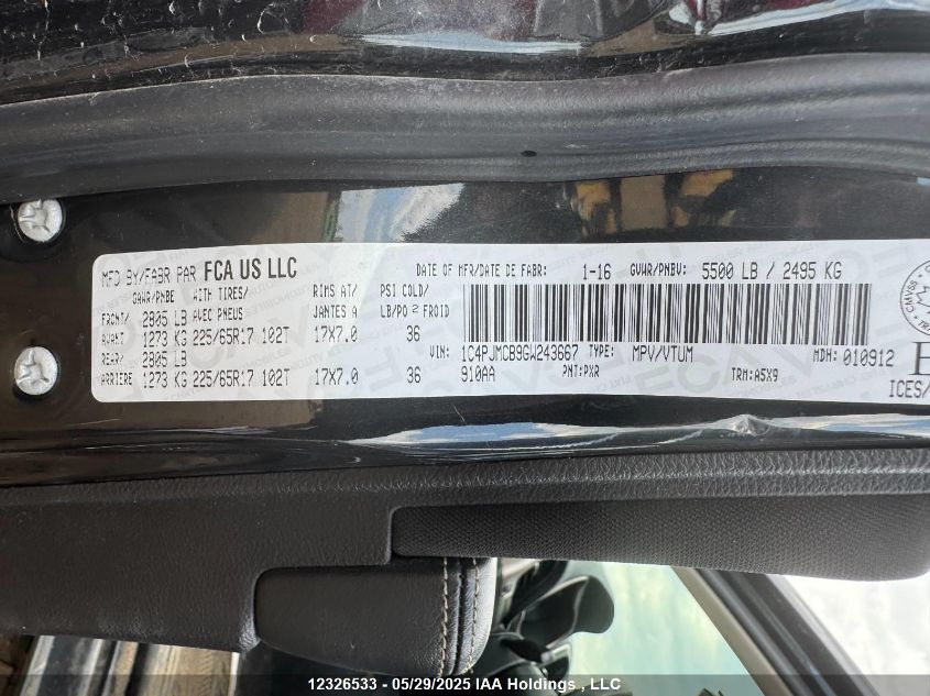 2016 Jeep Cherokee North VIN: 1C4PJMCB9GW243667 Lot: 12326533