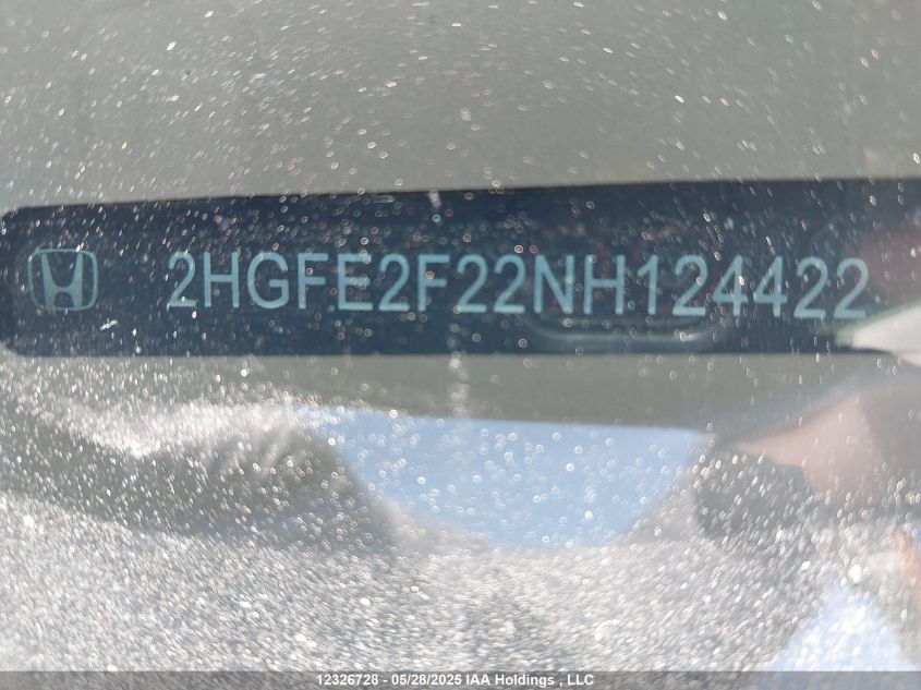 2022 Honda Civic Lx VIN: 2HGFE2F22NH124422 Lot: 12326728