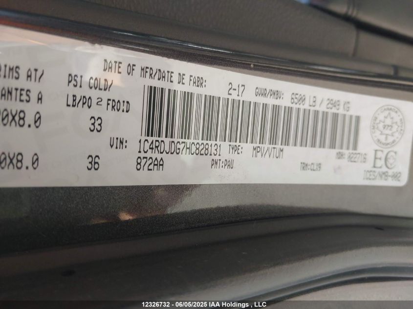 2017 Dodge Durango Gt VIN: 1C4RDJDG7HC828131 Lot: 12326732