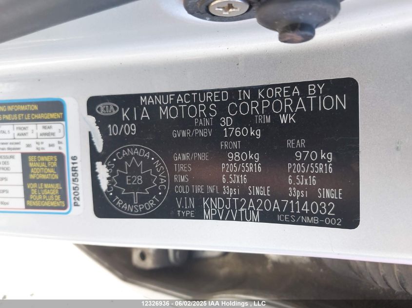 2010 Kia Soul VIN: KNDJT2A20A7114032 Lot: 12326936