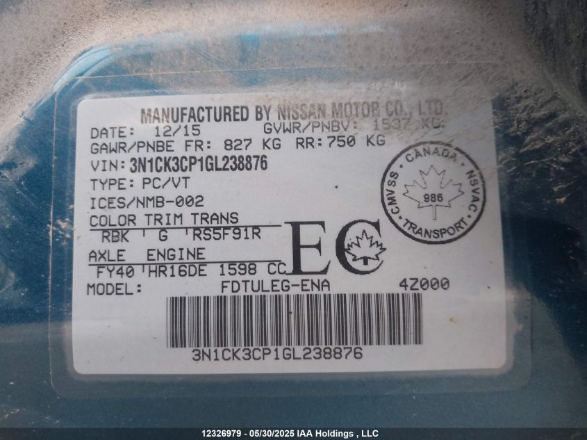 2016 Nissan Micra VIN: 3N1CK3CP1GL238876 Lot: 12326979