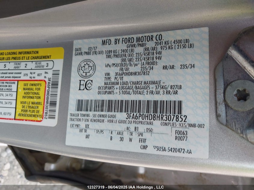 2017 Ford Fusion Se VIN: 3FA6P0HD8HR307852 Lot: 12327319